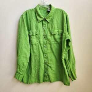 Lino by Chico's Top Womens 2 Kelly Green Linen Button Up Classic Chic Cool Beach